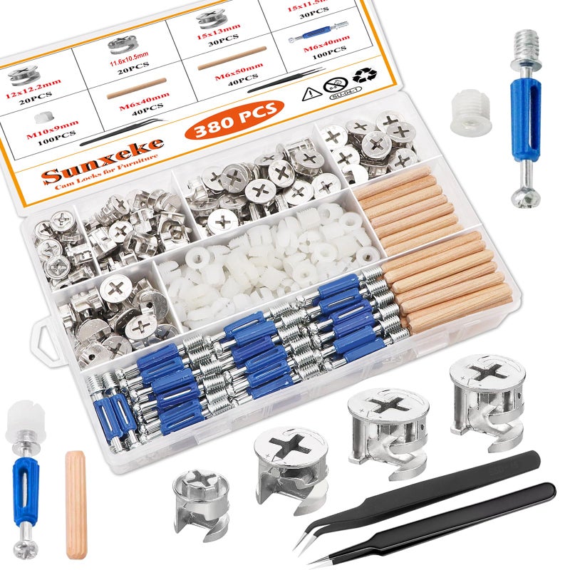 Sunxeke 380PCS Cam Locks for Furniture,Include 300 Multi-Size Cam Bolt & Nuts Set and 80 Wood Dowel Pins,3-in-1 Eccentric Wheels Furniture Cam Lock Fasteners for Cabinet,Wardrobe and Drawer - Image 1